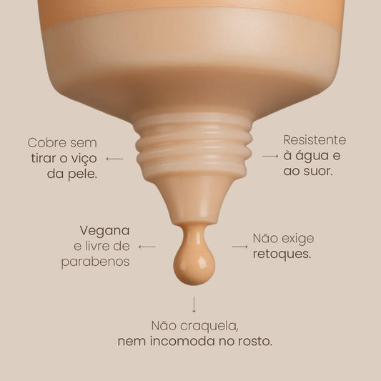 Base resistente à água e ao suor, vegana, sem parabenos, não exige retoques, não craquela, não marca linhas