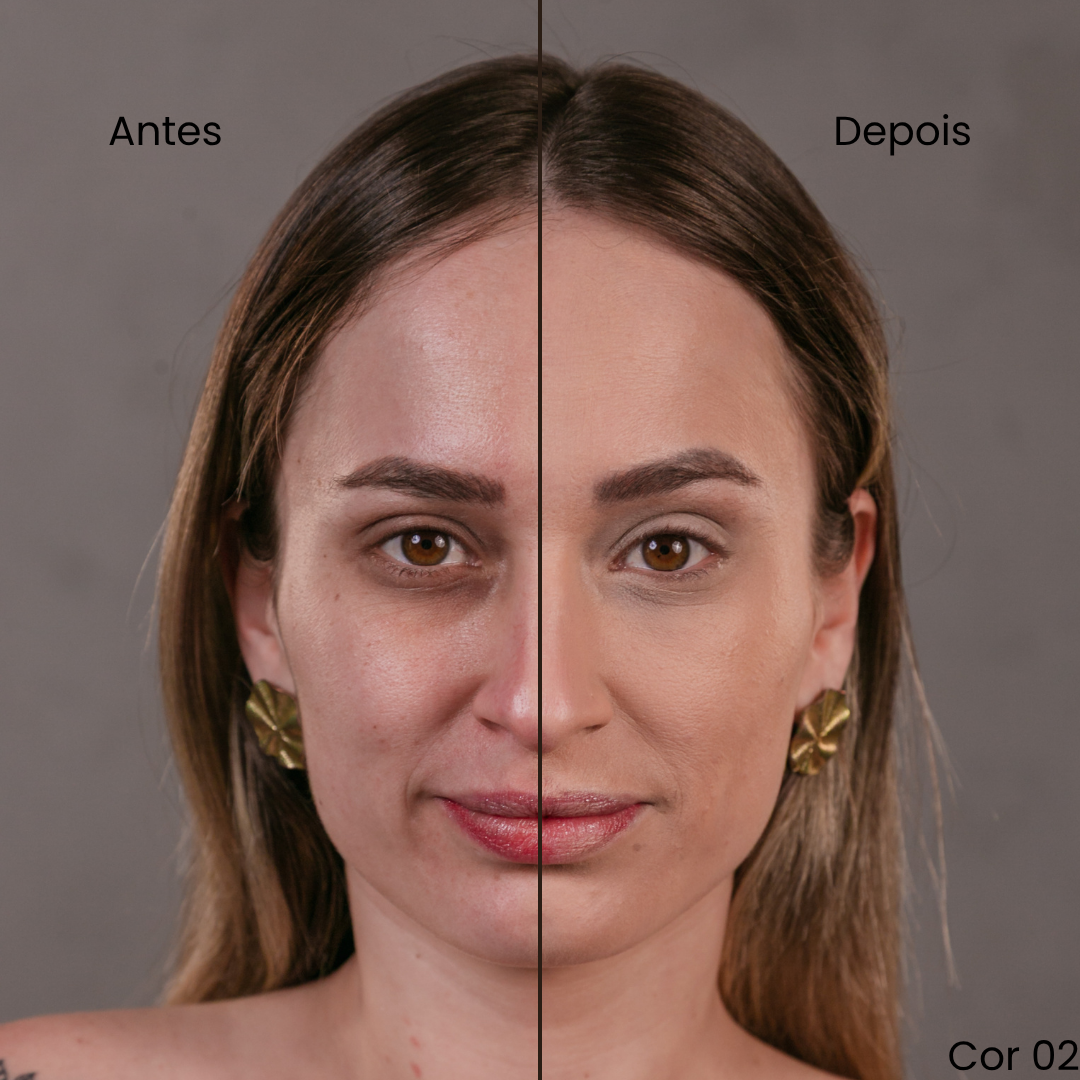 Antes e depois de mulher usando base Nouf, resistente à água e ao suor, cobre sem pesar, não precisa de retoques
