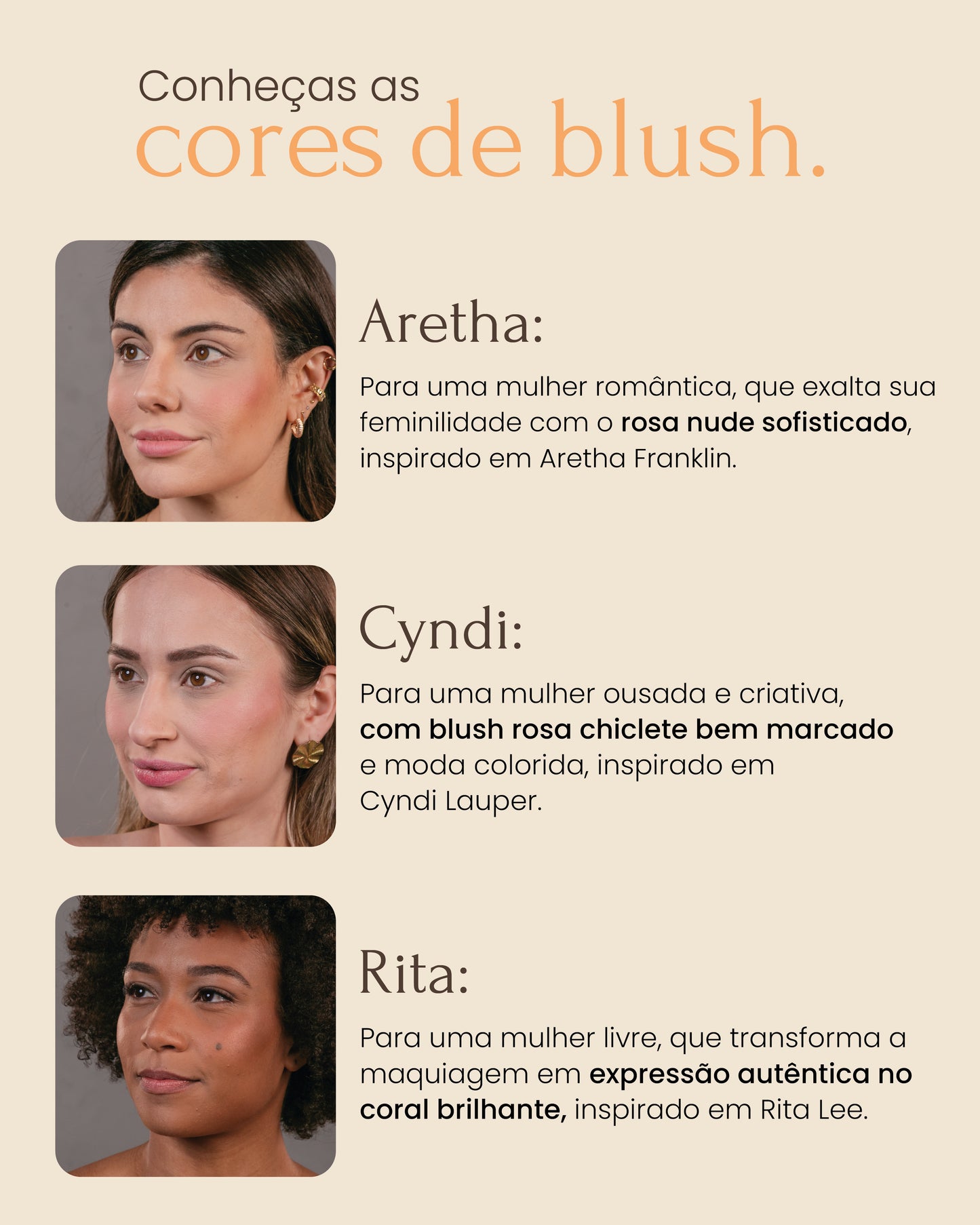 Cores de blush multifuncional nos lábios, olhos e bochechas, resistente à água e ao suor, vegano e sem parabenos.