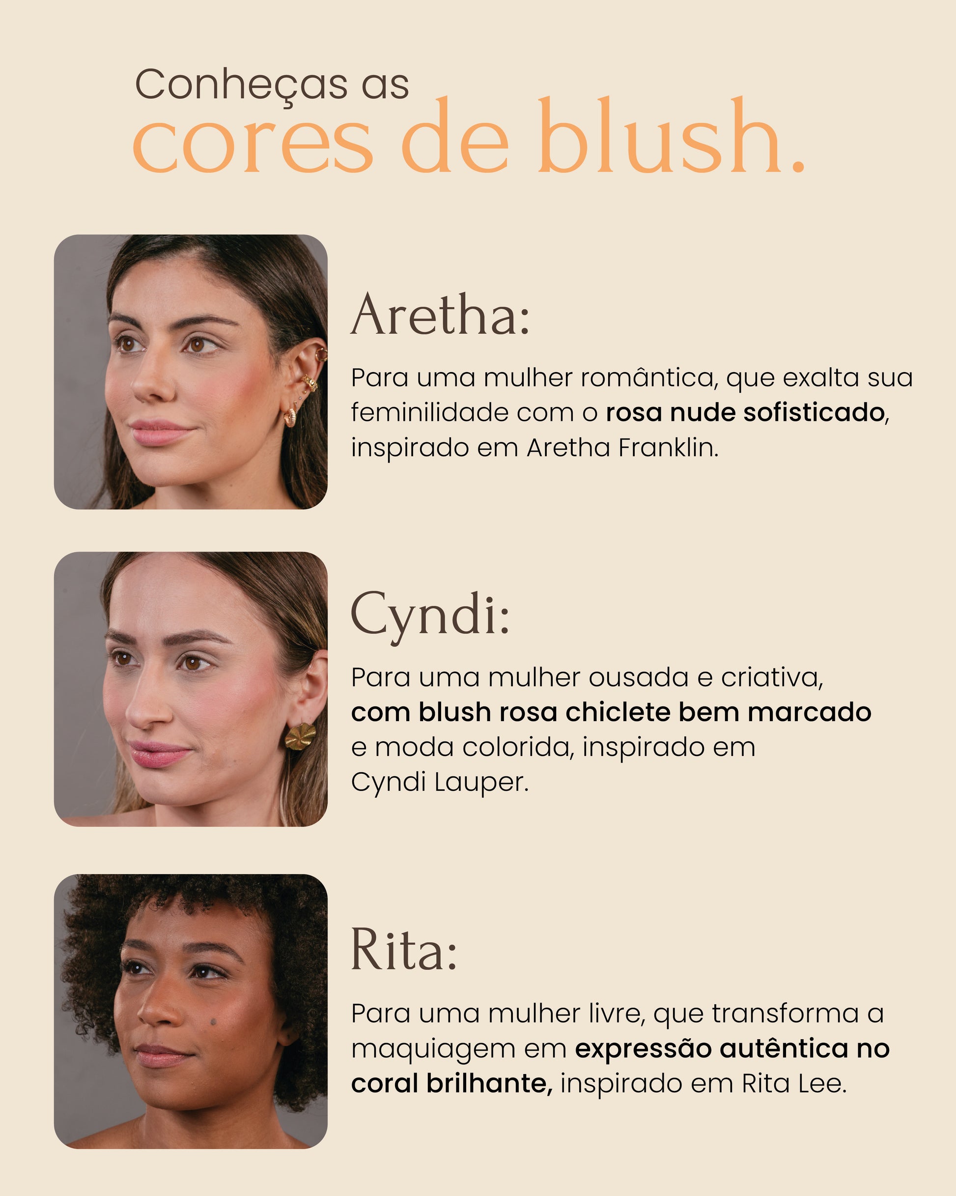 Cores de blush multifuncional nos lábios, olhos e bochechas, resistente à água e ao suor, vegano e sem parabenos.