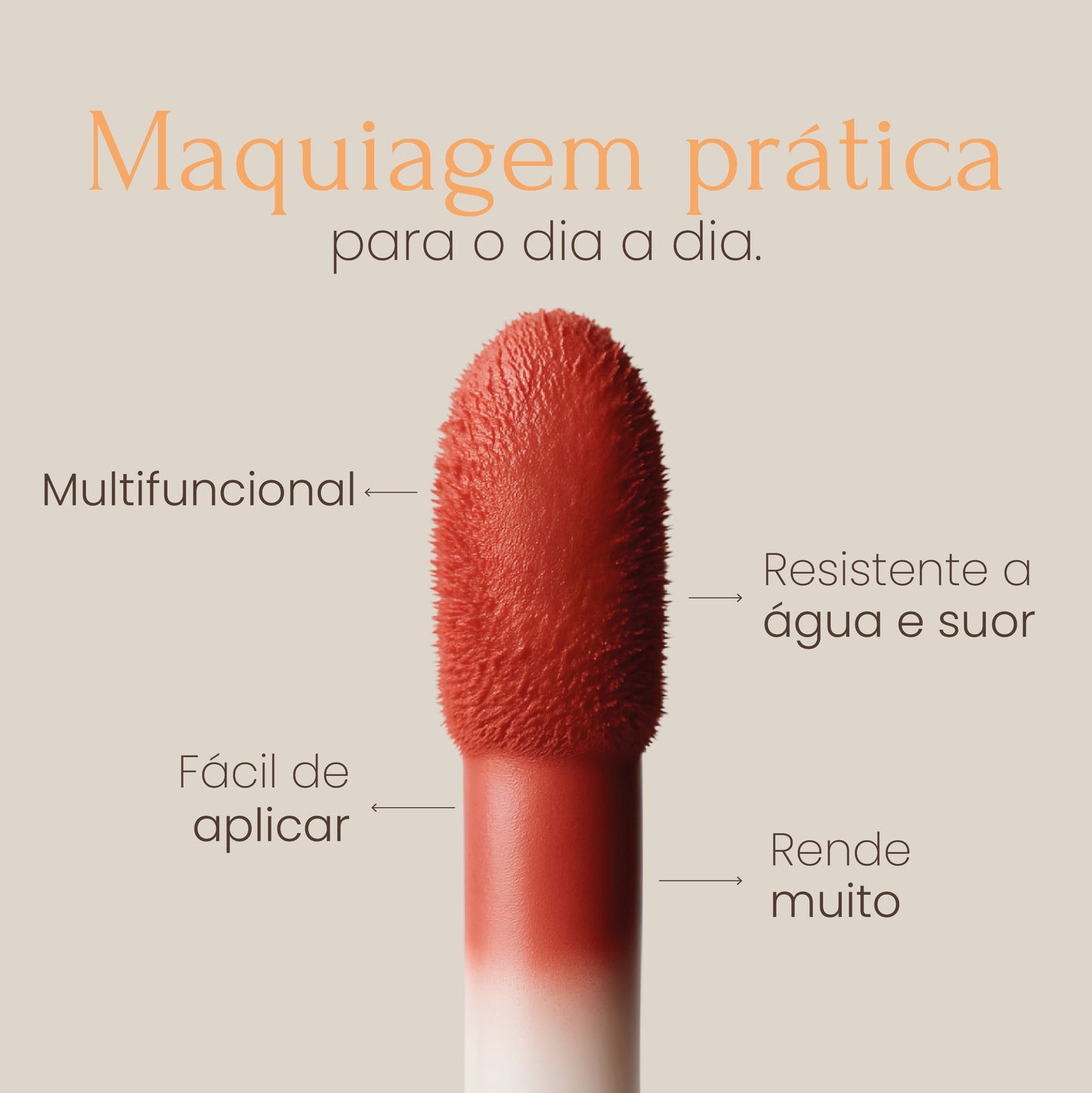 blush multifuncional nos lábios, olhos e bochechas, resistente à água e ao suor, vegano e sem parabenos, rende muito, fácil aplicação.