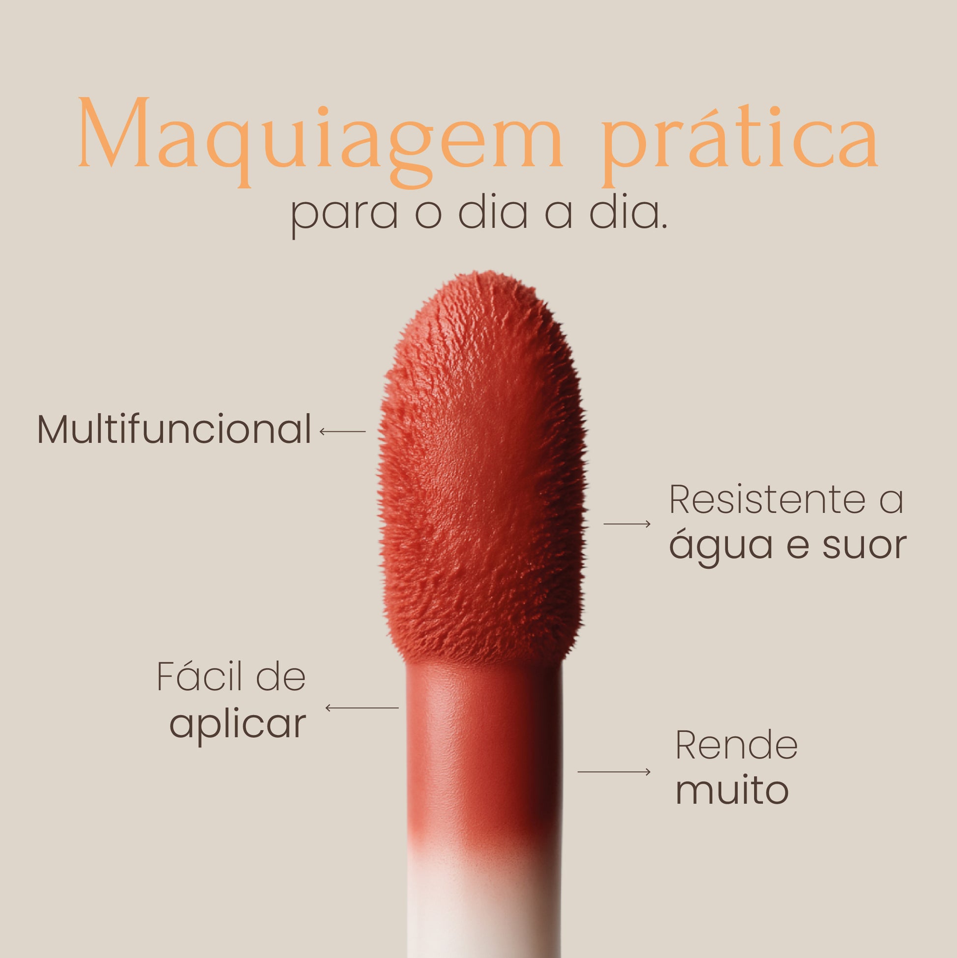 blush multifuncional nos lábios, olhos e bochechas, resistente à água e ao suor, vegano e sem parabenos, rende muito, fácil aplicação.