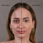 Pele sem maquiagem ao lado esquerdo e ao lado direito, com os produtos Nouf, com acabamento natural e cobertura que dura o dia inteiro.