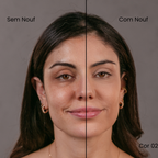 Pele sem maquiagem ao lado esquerdo e ao lado direito, com os produtos Nouf, com acabamento natural e cobertura que dura o dia inteiro.