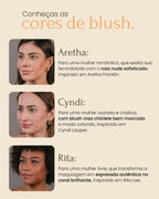 Cores de blush multifuncional nos lábios, olhos e bochechas, resistente à água e ao suor, vegano e sem parabenos. 