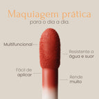 blush multifuncional nos lábios, olhos e bochechas, resistente à água e ao suor, vegano e sem parabenos, rende muito, fácil aplicação.