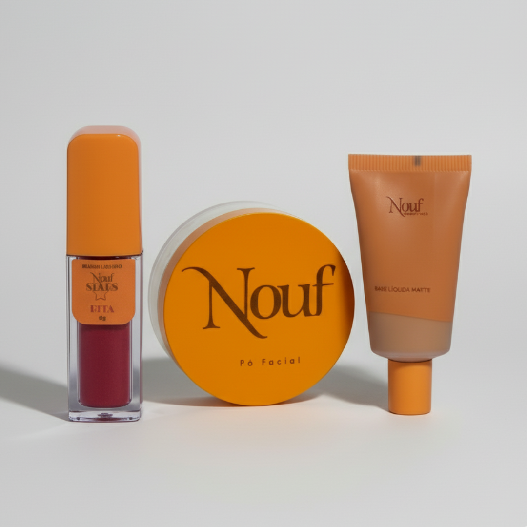 Kit Nouf Premium: Base Líquida 30ml + Blush Líquido + Pó Facial 18g