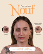 mulher com olheiras escuras antes e depois de usar o corretivo Nouf, que cobre olheiras e manchas sem ressecar ou craquelar