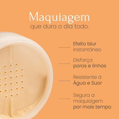 po resistente à água e ao suor, vegano, hipoalergênico, sem parabenos, cruelty free, disfarça poros e linhas, efeito blindagem